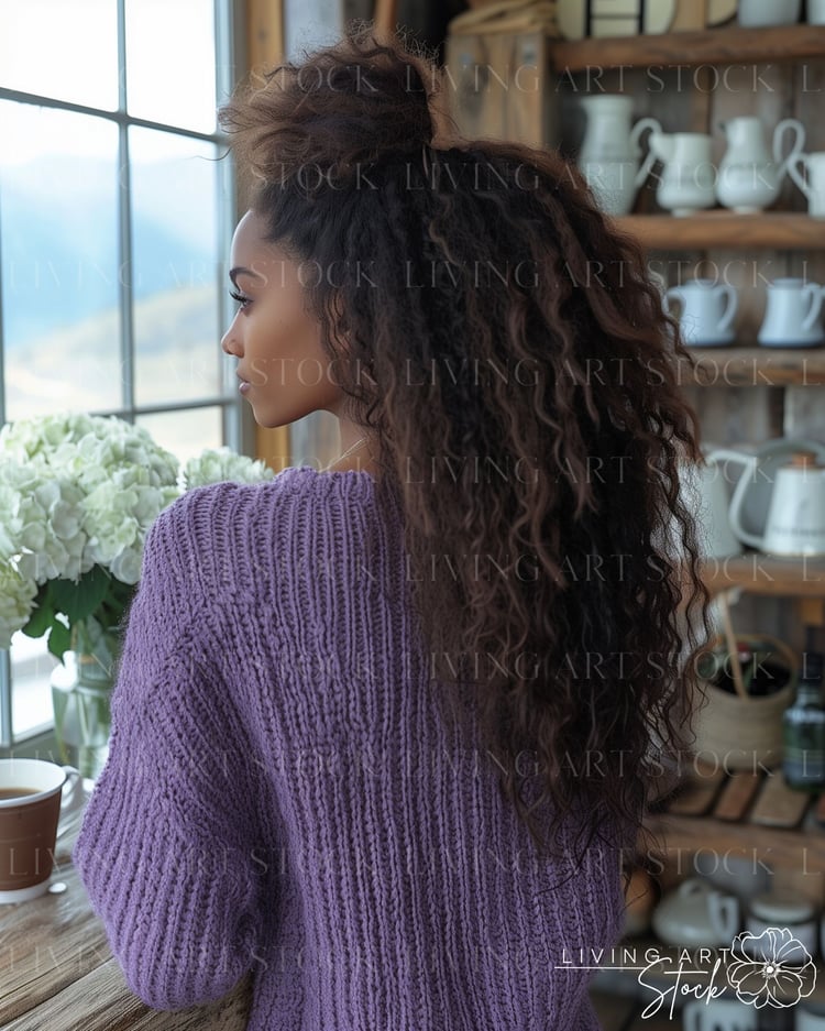 Biracial woman wearing a purple sweater, Autumn leisure stock photo