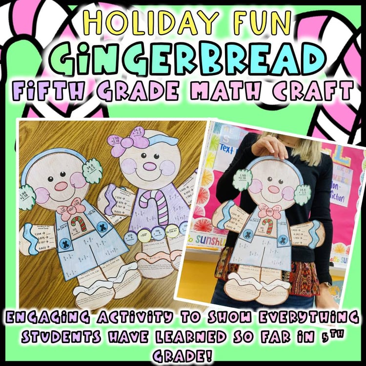 5th Grade Math Gingerbread Christmas Holiday Craft Decimals, Fraction, Division