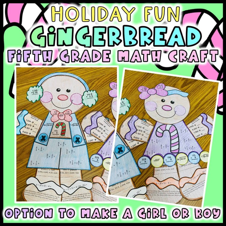 5th Grade Math Gingerbread Christmas Holiday Craft Decimals, Fraction, Division