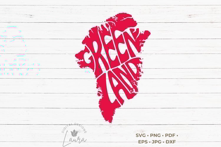 This design features the word Greenland artistically arranged within the shape of the island.