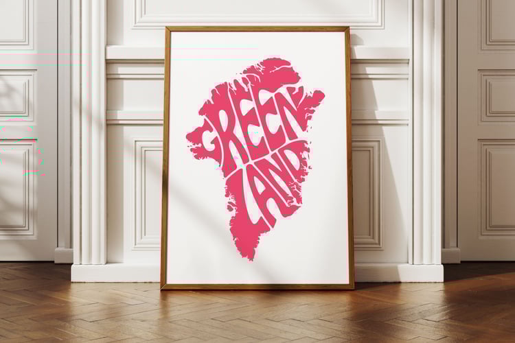 This design features the word Greenland artistically arranged within the shape of the island.