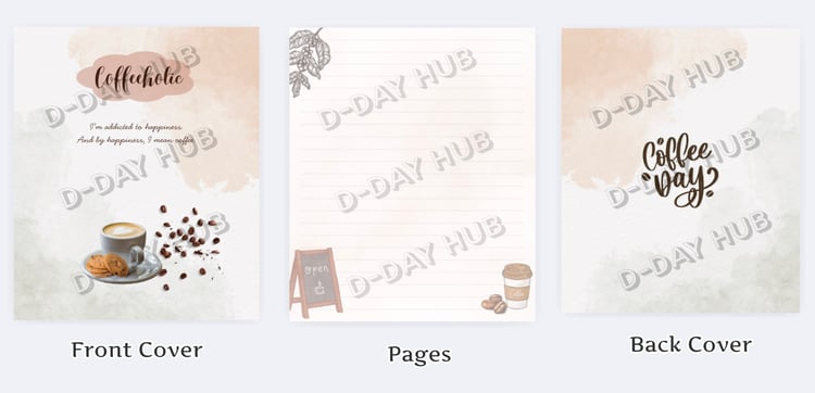 Each page of the Coffeeholic Notebook (Version 1) is decorated with three coffee-themed stickers and dotted lines. The notebook consists of 1 front cover, 20 pages and 1 back cover with a coffee theme.