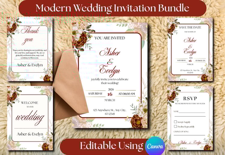 Elegant wedding invitation template with floral accents and modern typography, fully editable in canva.