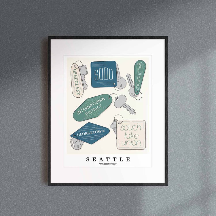 A framed picture of Seattle, Washington neighborhoods drawn in various lettering styles on key fobs. Artwork has a blue, green and beige color scheme