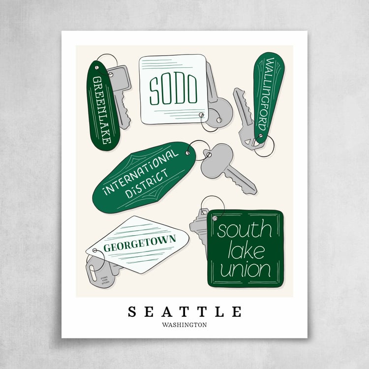 A collection of green and white key fobs featuring 6 neighborhoods in Seattle, Washington