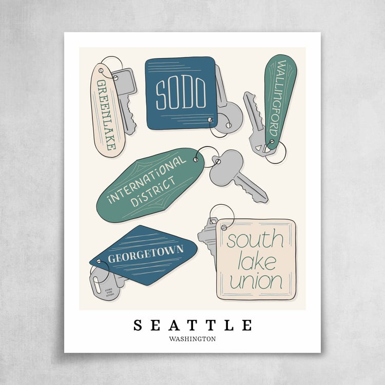 A collection of blue, green and beige key fobs featuring 6 neighborhoods in Seattle, Washington