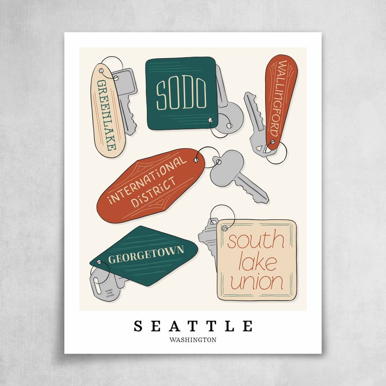 A collection of orange, green and beige key fobs featuring 6 neighborhoods in Seattle, Washington