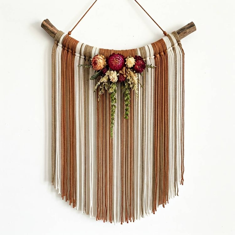 boho hand crafted natural twig wall hanging made with Twigs, string, and dried flowers