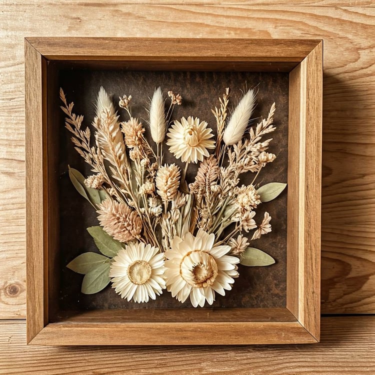 home made dried flower wall art in a shadow box