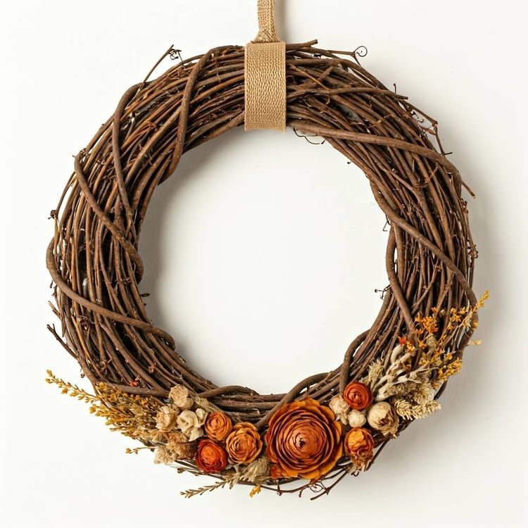 A wreath made from twigs and dried flowers