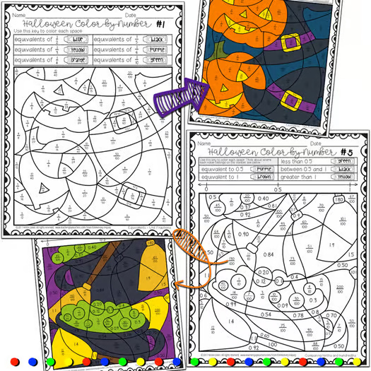 Halloween Fractions and Decimals Math Activity Color by Number Worksheets