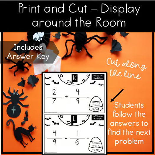 Halloween Scavenger Hunt Adding and Subtracting Fractions Activity 5th 6th Grade