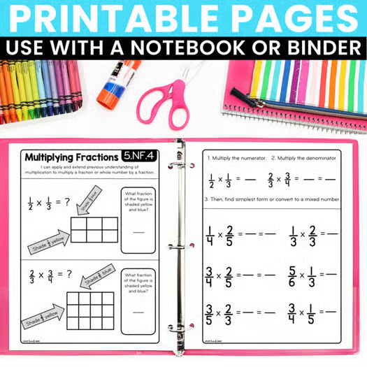 Math Interactive Notebook 5th Grade Fractions - Printable - Digital - Worksheets