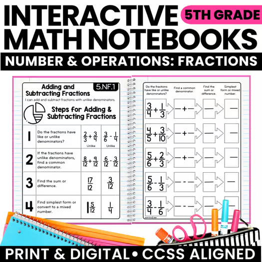 Math Interactive Notebook 5th Grade Fractions - Printable - Digital - Worksheets