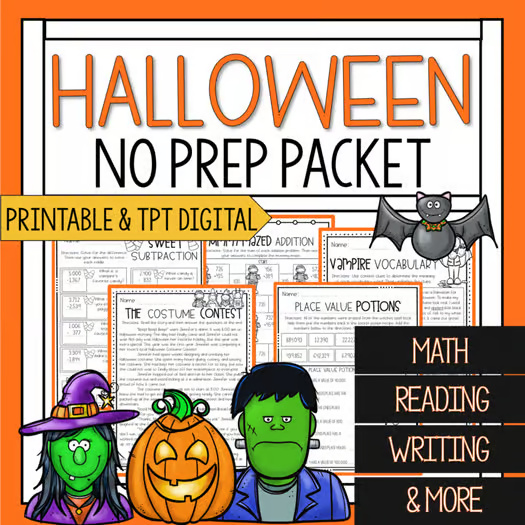 Third Grade Halloween Math and Reading Worksheets  Halloween Packet