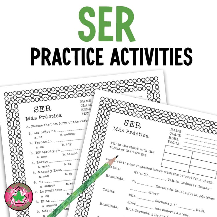 Ser Practice Worksheets Packet  Present Tense Spanish 1 Worksheet
