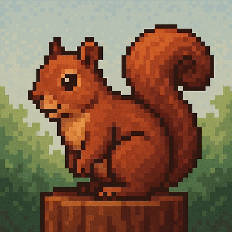 AI-generated pixel art image of Wibur the squirrel (brown with a fluffy tail) sitting on a log in front of green trees and blue sky.