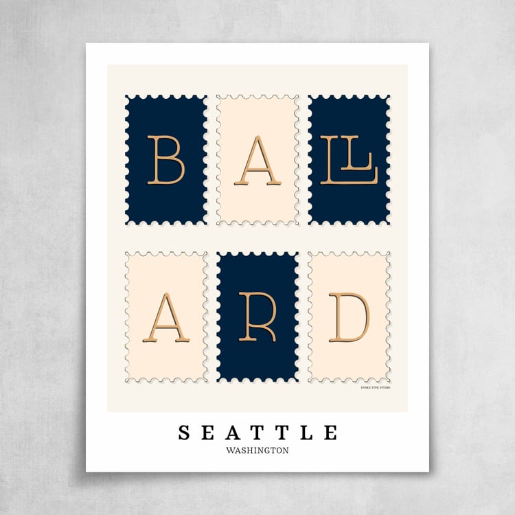 A collection of navy blue, tan and beige postage stamps featuring the Ballard neighborhood in Seattle, Washington