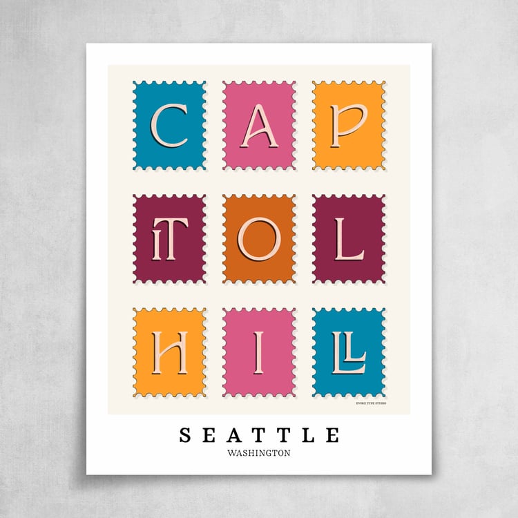 A collection of bright blue, orange and purple postage stamps featuring the Capitol Hill neighborhood in Seattle, Washington