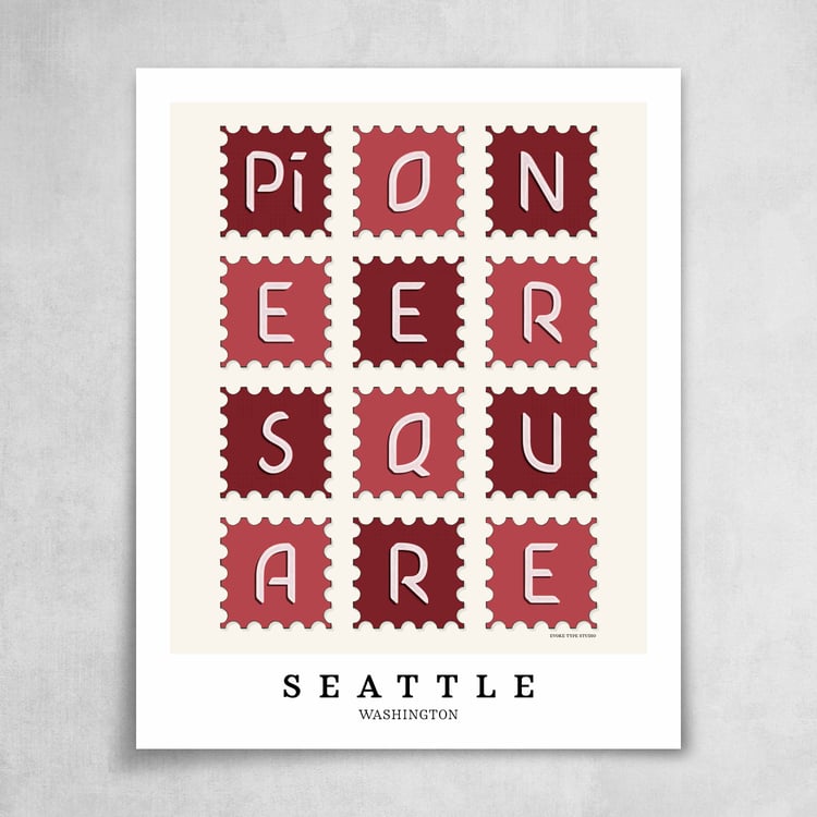 A collection of red and white postage stamps featuring the Pioneer Square neighborhood in Seattle, Washington