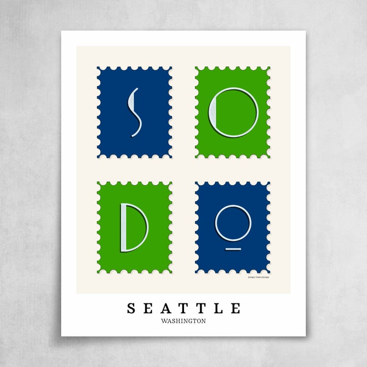 A collection of bright blue and green postage stamps featuring the SoDo neighborhood in Seattle, Washington