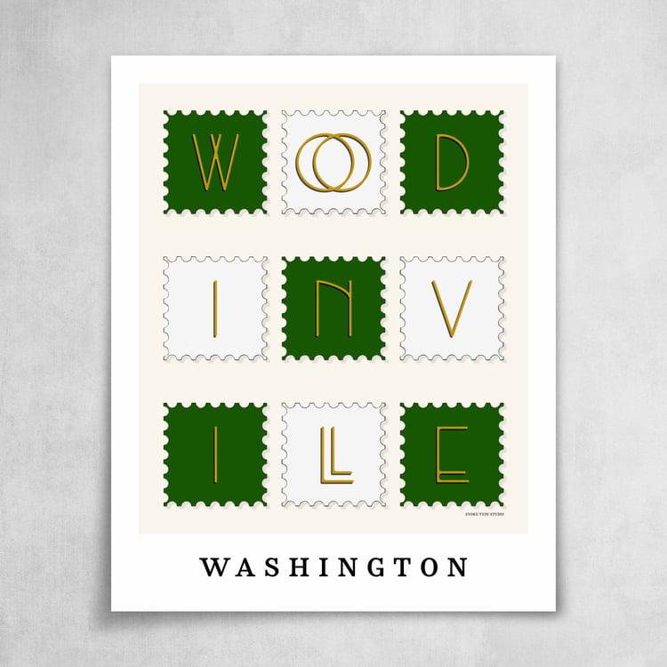 A collection of green, white and yellow postage stamps featuring Woodinville, Washington