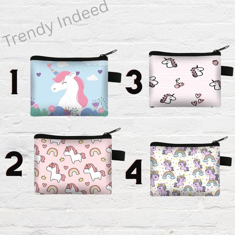Adorable unicorn-themed wallet for girls with bright rainbow details and secure zip.
