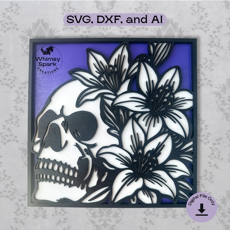Floral Skull with lillies Laser cut file framed for wall art
