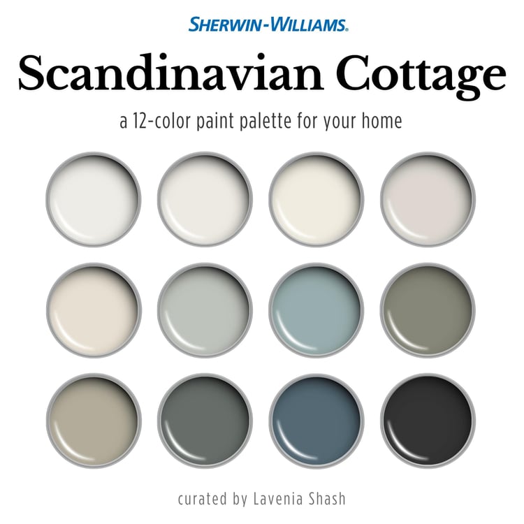 Scandinavian Cottage paint color palette. Nordic, Cottage, Country, and Farmhouse-inspired interiors. Curated by Lavenia Shash.