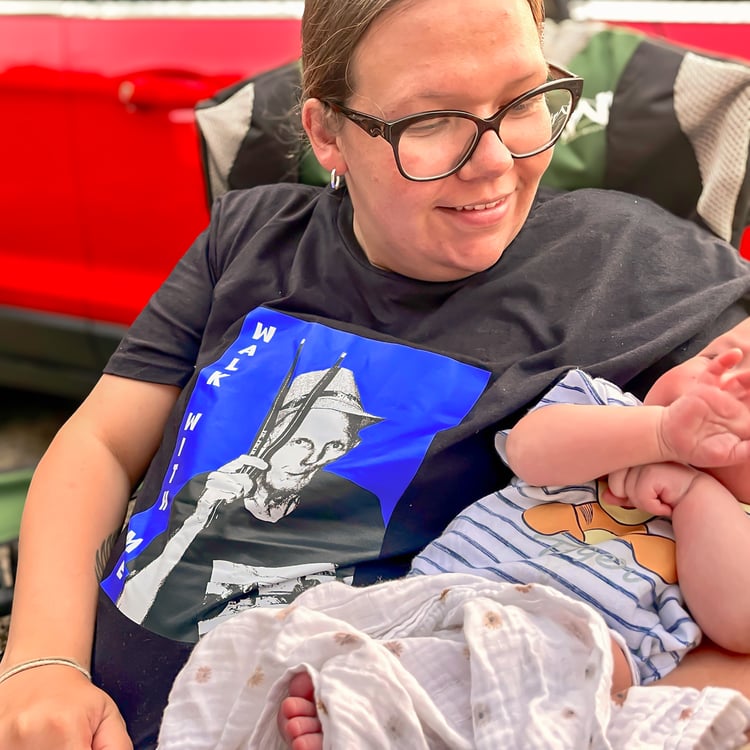 lady and baby wearing walk with me t shirt- the wells - parkinsons UK. @walkwithmedw instagram share photo of tshirt to be on the website