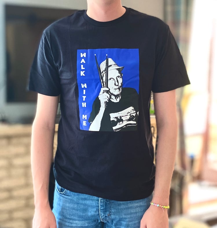 oe dines wearing walk with me t shirt in medium the wells - parkinsons UK. @walkwithmedw instagram share photo of tshirt to be on the website