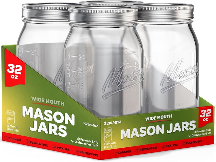 SEWANTA Wide Mouth Mason Jars 32 oz [4 Pack] With Mason Jar Lids and Bands, Mason Jars 32 oz - For Canning, Fermenting, Pickling