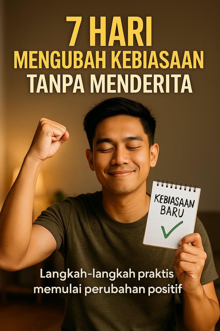 ebook kebiasaan baru, panduan perubahan hidup, 7 hari transformasi diri, cara membangun rutinitas positif, workbook pengembangan diri, kebiasaan kecil sukses besar, produktivitas harian, latihan mindfulness indonesia, habit tracker sederhana, ebook motiva