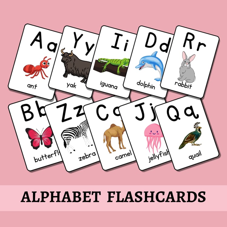 Printable Alphabet Flashcards with animal pictures for preschool learning