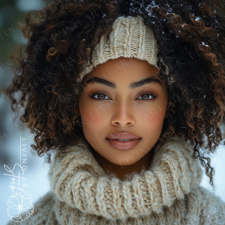 Biracial Woman Wearing Oatmeal Knit Sweater and matching Headband on a Winter Day
