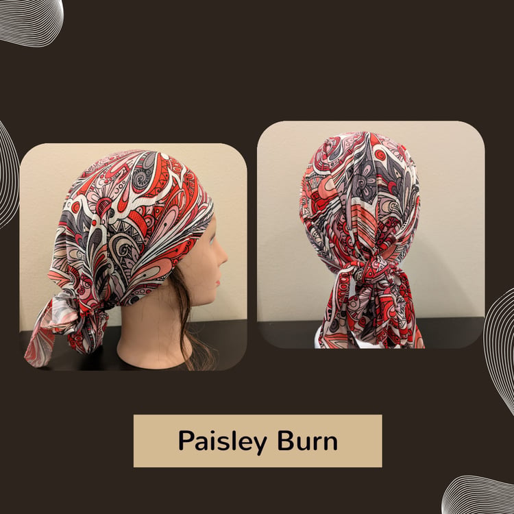 Handmade motorcycle hair wrap designed for medium to long hair, tied in place before a ride