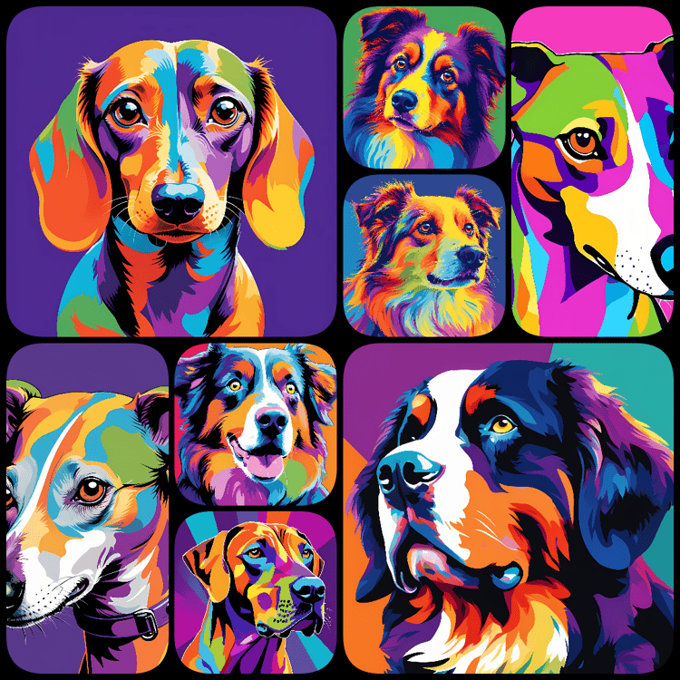 Pop Art dog art, colorful dog illustrations, dog PNGs, high-quality clipart, digital dog art, printable dog clipart, dog breeds art bundle, vibrant dog illustrations, Saint Bernard PNG, Labrador digital art, Poodle clipart, dog design resources, DIY dog c