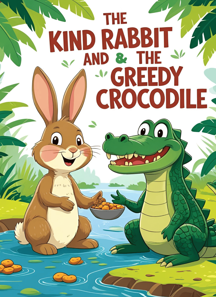 Colorful children’s storybook cover of The Kind Rabbit and the Greedy Crocodile, featuring a smiling rabbit and crocodile sitting together by a riverbank in a jungle.