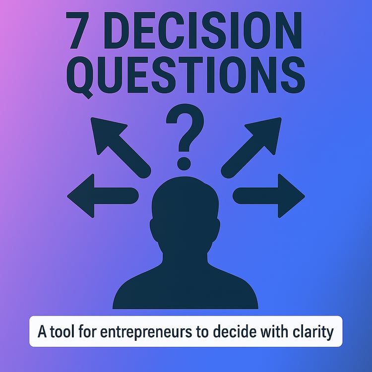 Cover image for 7 Decision Questions by Kath Pietersen — silhouette of a person with arrows pointing in multiple directions and a question mark overhead, on a purple-blue gradient background. Tagline text reads: “A tool for entrepreneurs to decide with cl