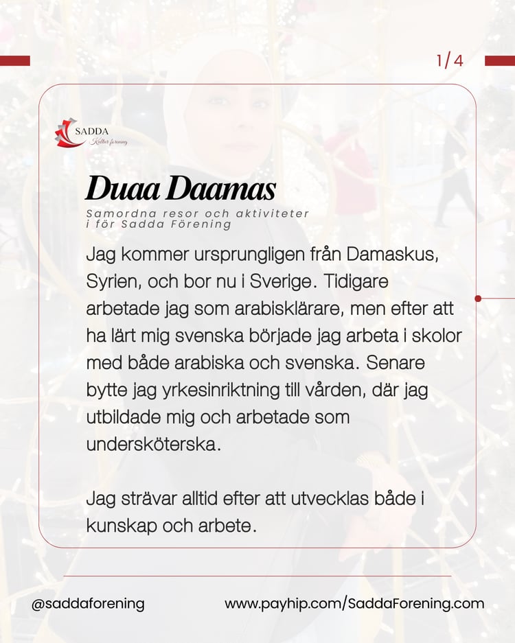 Ständigt på resa mot utveckling, hälsa och livsglädje — Duaa Daamas / Samordna resor och aktiviteter i för Sadda Förening - جمعية صدى