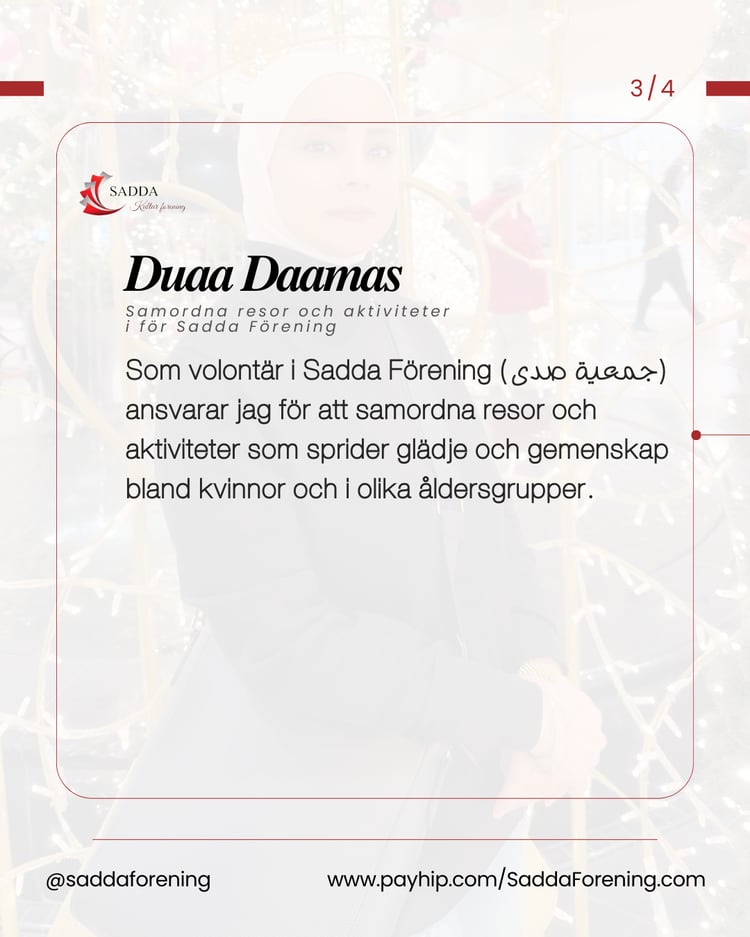 Ständigt på resa mot utveckling, hälsa och livsglädje — Duaa Daamas / Samordna resor och aktiviteter i för Sadda Förening - جمعية صدى