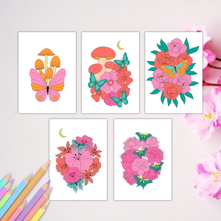 botanical nature isnpired flower and mushroom coloring pages