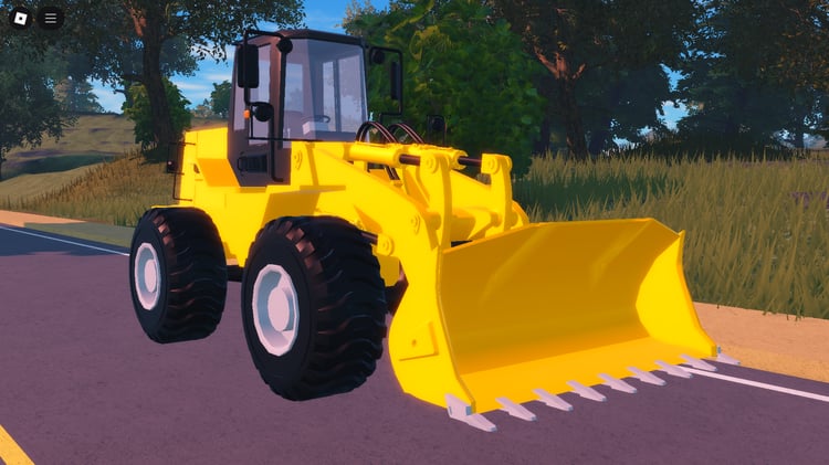 Roblox tractor with front bucket parked on farm