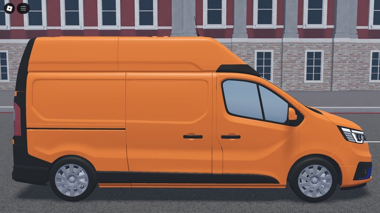 Side view of DHL van driving in city map