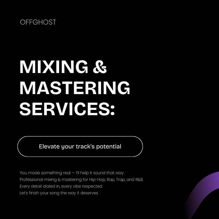 Mixing and Mastering Services by Offghost – black graphic with bold title text and call-to-action button