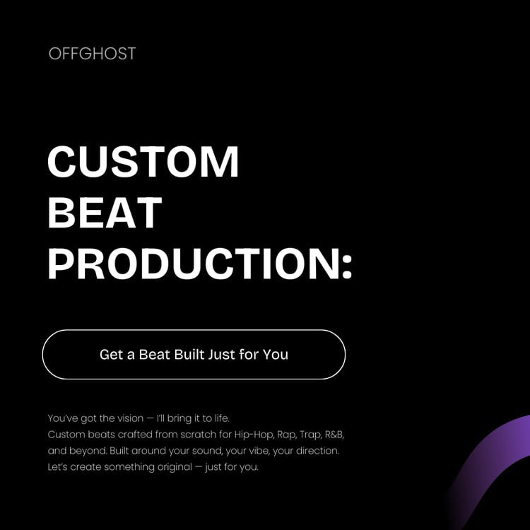 Custom Beat Production by Offghost – black graphic with bold title text and call-to-action button