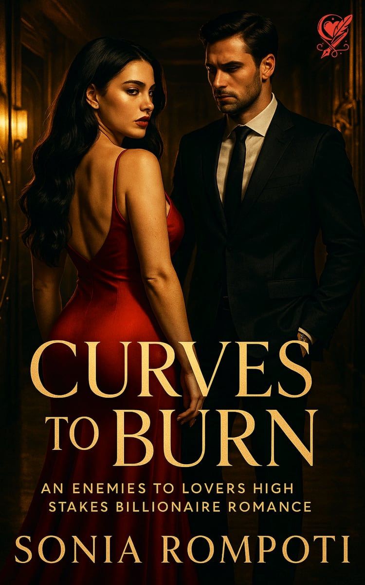Book Cover of Curves to Burn. Sophia looks at the reader in a seductive manner, while Cole cant stop looking at her direction.