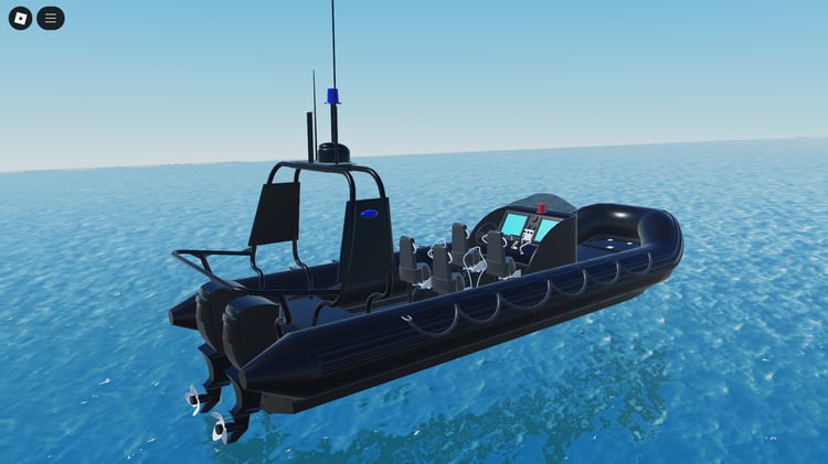 Driveable police boat patrolling Roblox harbor