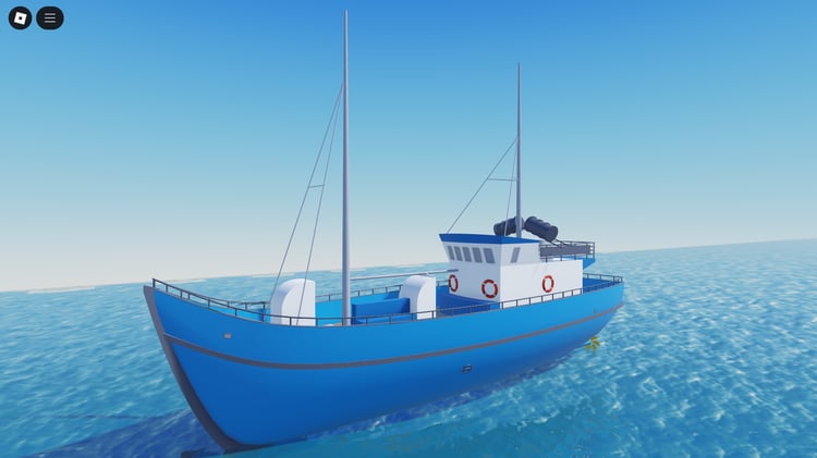 Decorative fishing boat floating in Roblox harbor