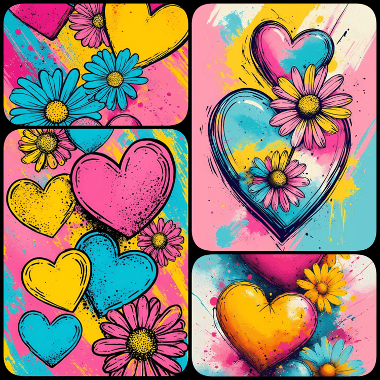 yellow heart clipart, heart PNG bundle, floral heart illustrations, vintage heart art, pop art heart design, painterly heart PNGs, 3D heart artwork, oil painted hearts, romantic heart graphics, retro heart flowers, impasto heart art, high resolution heart